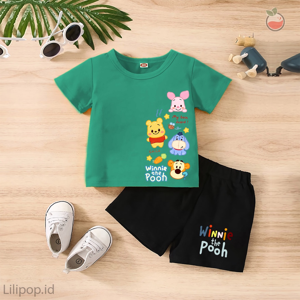 Baju Anak Stelan Kaos 3/4 POOH DISNEY Cowok Cewek  Usia 1 - 4 Tahun Celana Pendek Harian