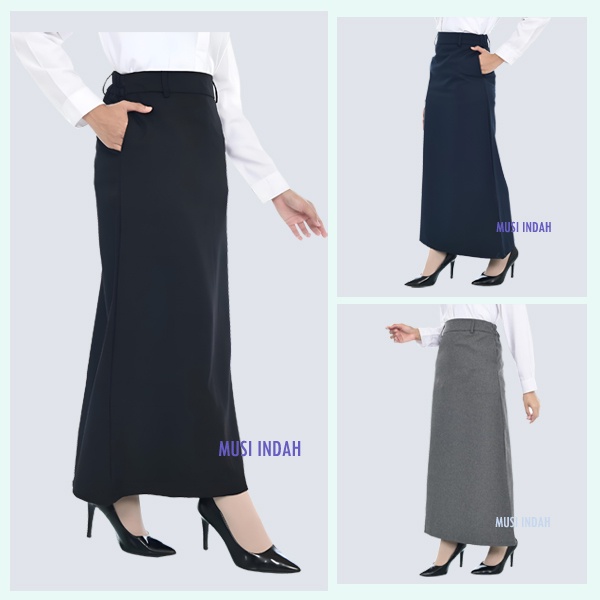 Rok Panjang Hitam Polos Model A line dan Span Pinggang Karet dan Ada Kantong Saku Wanita Bahan Dasar Formal Untuk Kerja Kantor Kulia