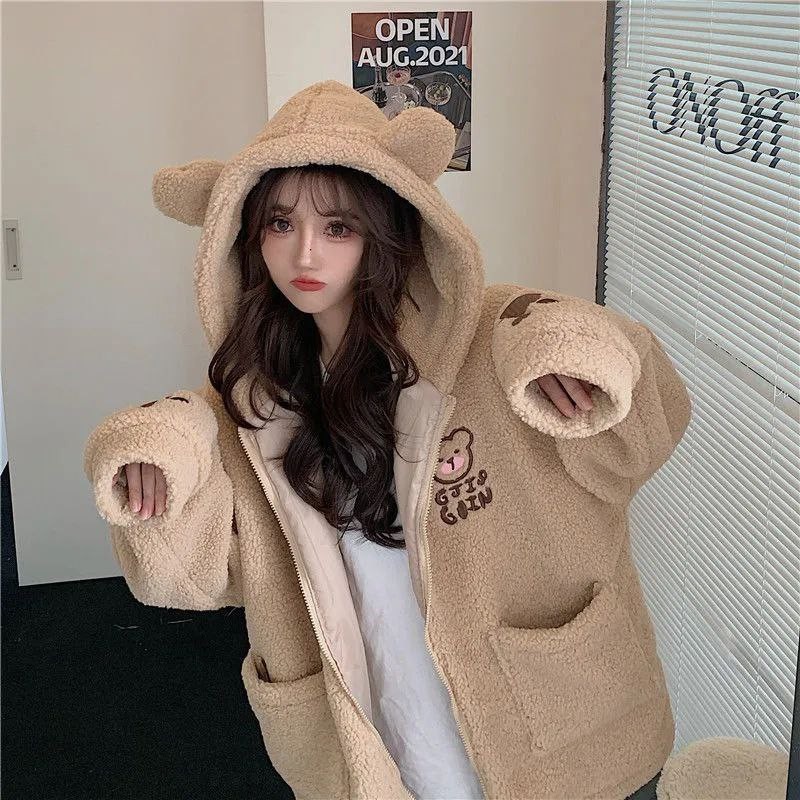 Jaket Sherpa Wanita Gaya Korea Bahan Premium Tebal / Jaket Sherpa Hoodie Bulu Wanita Cute Girls