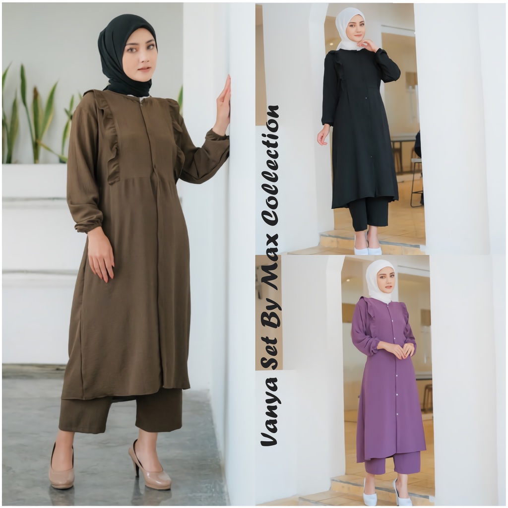 VANYA SET CRINKLE AIRFLOW PREMIUM LONG TUNIK LD120 BRAND Z*RA // SETELAN CELANA CRINKLE POLOS LONG T