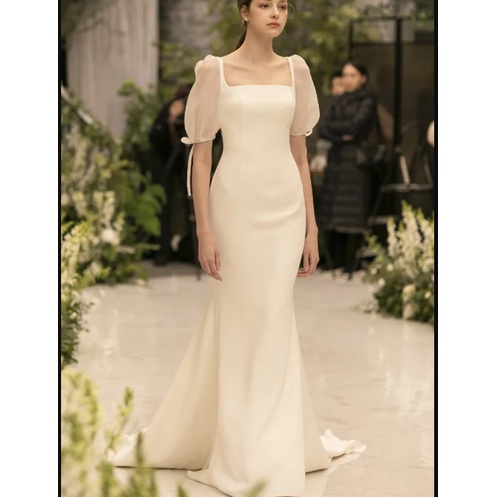 gaun wedding dress mermaid New Elegant Simple Slim Square Collar Satin Korean Vintage Bubble Short S
