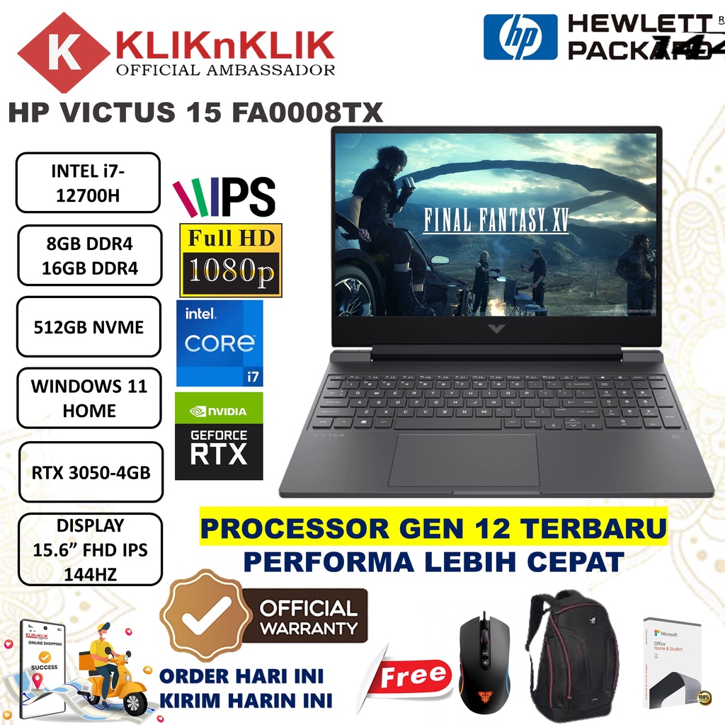 LAPTOP GAMING HP VICTUS 15 INTEL I7 12700H RAM 32GB SSD 1TB RTX3050 4GB FHD 144Hz WINDOWS 11 TERLARIS