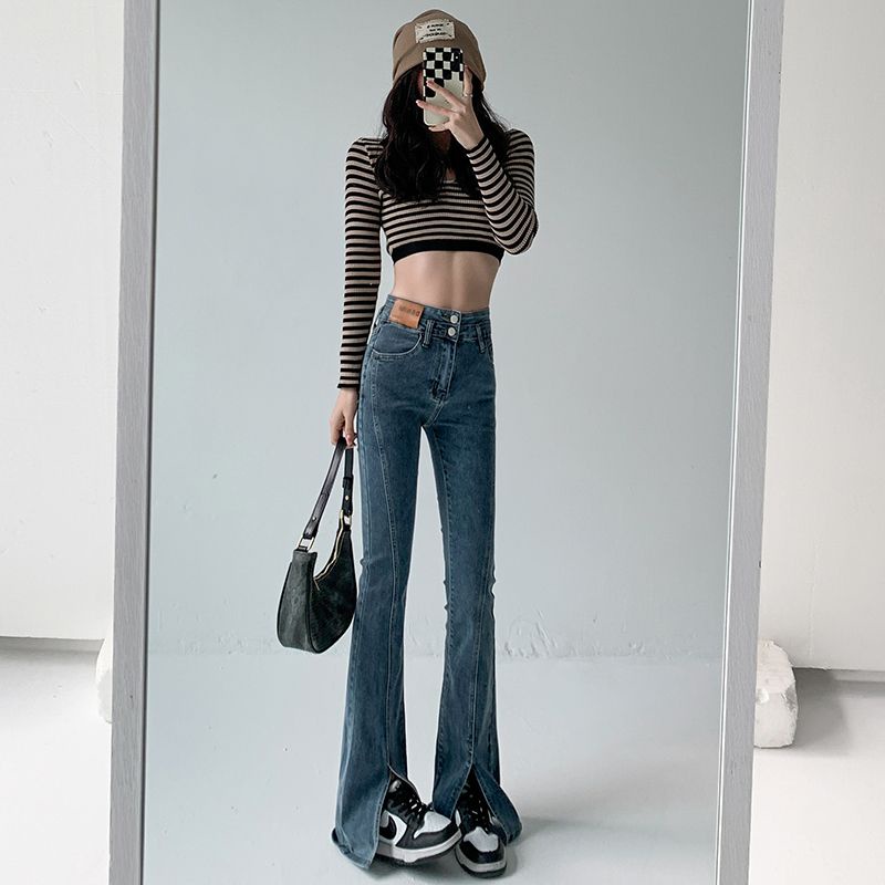 Red Celana Jeans Wanita Lebar Pinggang Tinggi Celah Sedikit Berkobar Musim Semi 2023 Baru Elastis Tipis Lebar Kaki Mengepel Celana Berkobar Tide