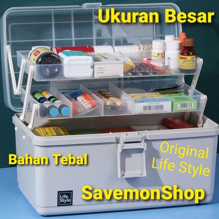 Terlaris Box P3K Susun 3 Kotak Portable Jinjing Obat Kosmetik Make Up Pita Pink