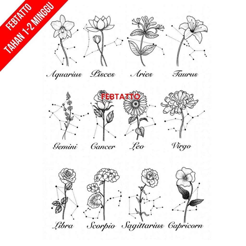 Tato Temporer Zodiak Bunga Tato kecil Stiker Tatto - GAZO 1-12