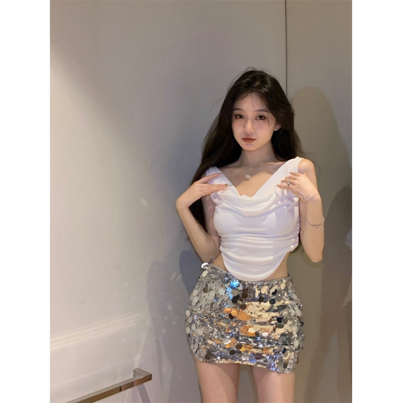 Red Ketat lipit seksi rompi putih top hot gadis payet mengkilap paket hip rok pinggang tinggi setelan rok perempuan musim panas