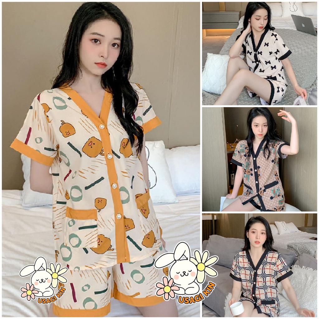 Baju Tidur 2 Pieces Setelan Piyama Korea Model Celana Baju Kancing Celana Pendek Usagikin
