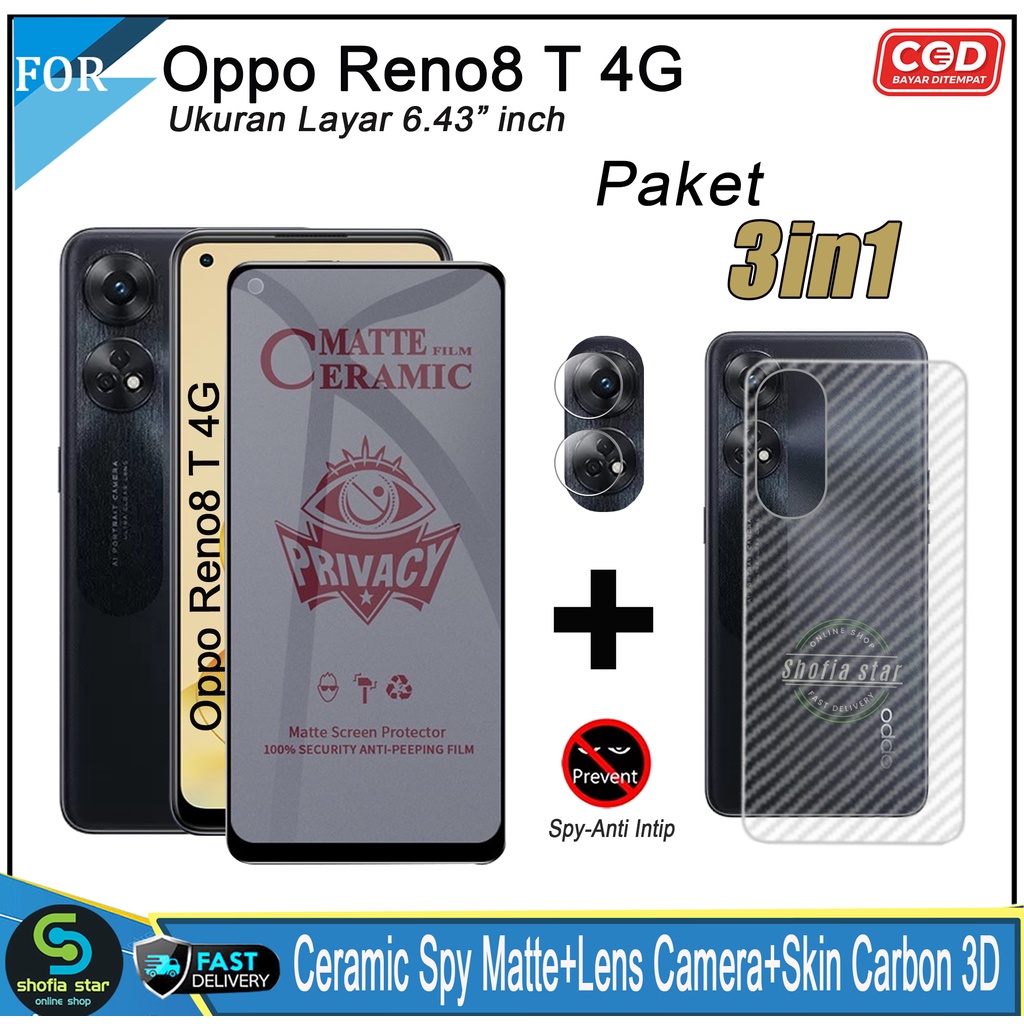 Promo 3in1 Tempered Glass Privacy Oppo Reno 8T 4G Anti Gores Anti Spy Full Layar