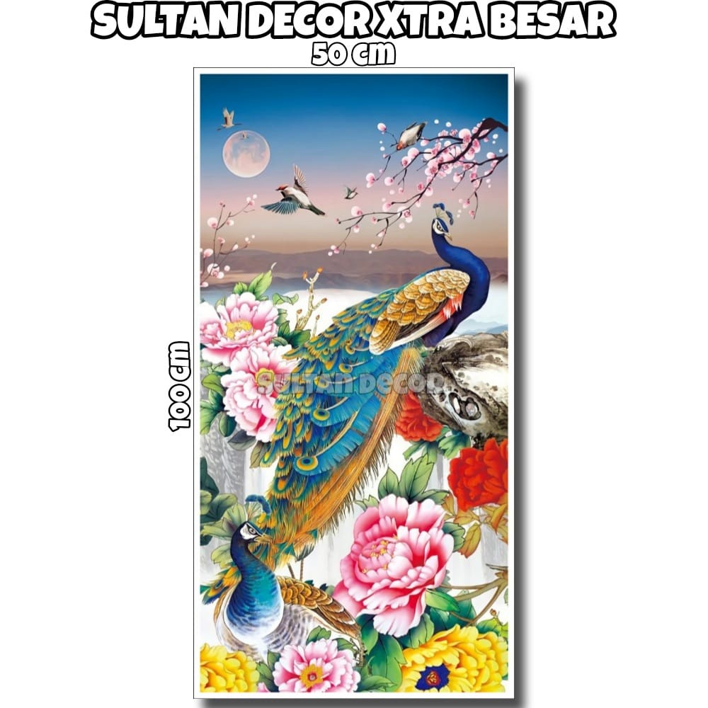 LUKISAN POSTER CETAK BURUNG MERAK PEACOCK XTRA BESAR UKURAN 100X50CM 200X100CM HIASAN DINDING PEMAND