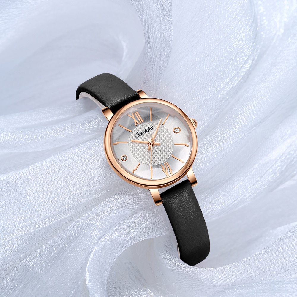 SUNLIFEX Jam Tangan Wanita Original Round Simple Dial Display Jam Tangan Wanta Analog Anti Air Kuarsa Tali Kulit Jam Tangan Cewek