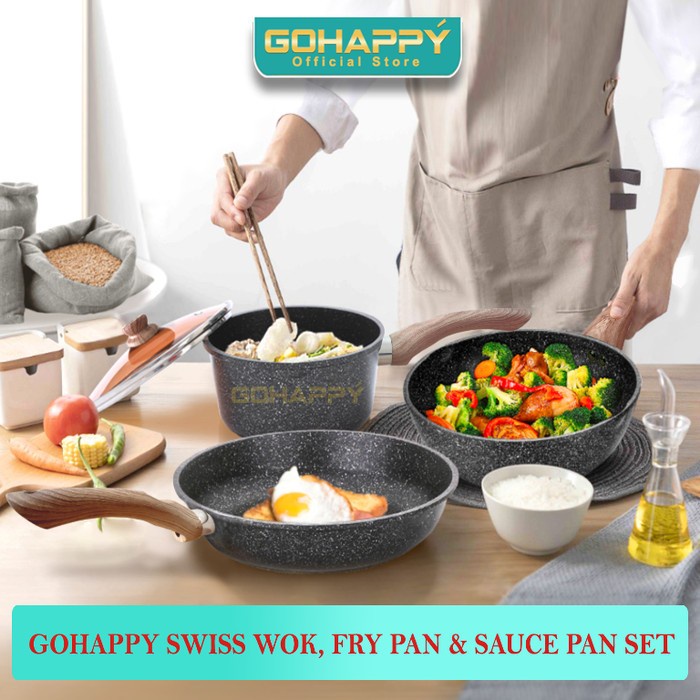 Terlaris Swiss 5 In 1 Granite Set Panci Wok Sauce Fry Pan Gohappy Like Carote