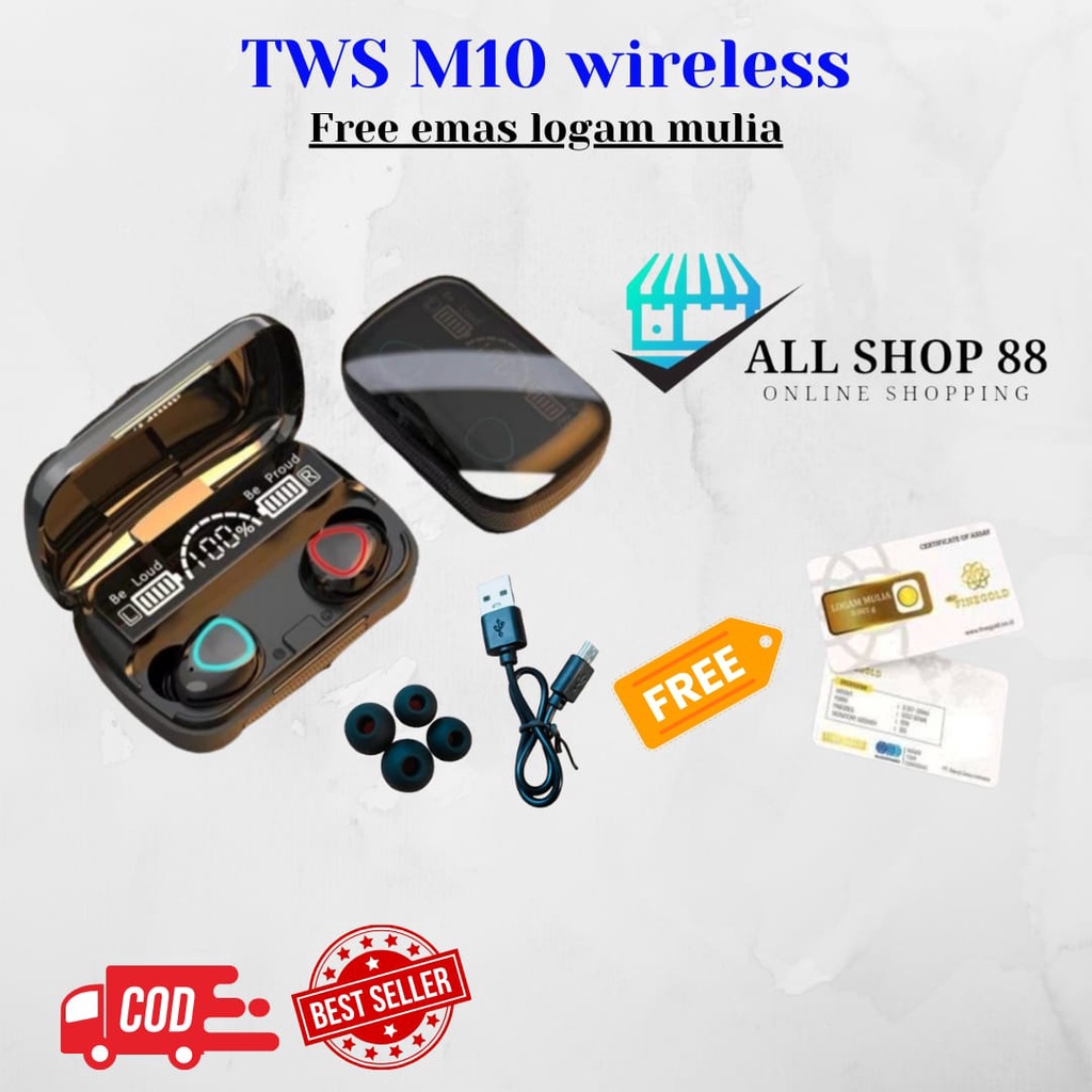 TWS M-10 FREE EMAS LOGAM MULIA - HEADSET BLUETOOTH WIRELESS M10 + POWER BANK 3500 MAH