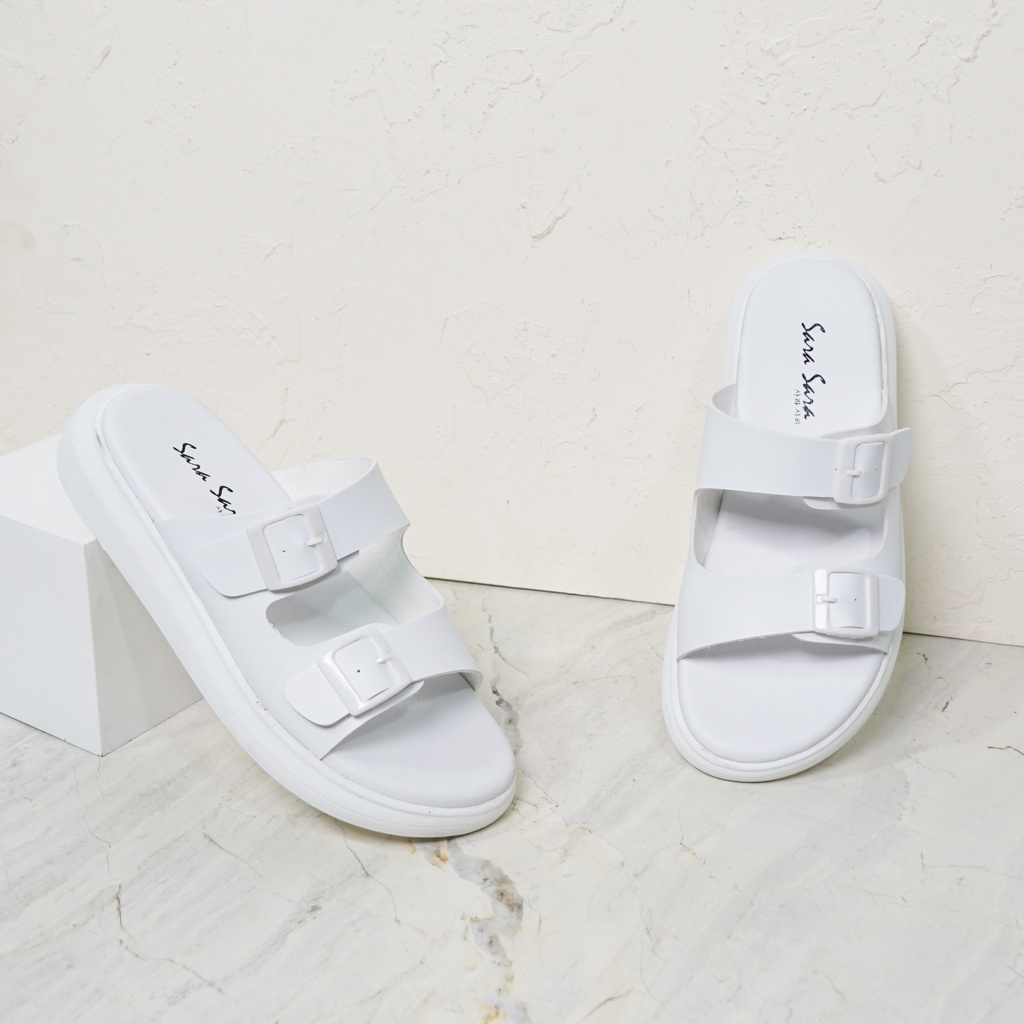 Sara Sara JOI Sandal Slop Wanita Kekinian Sendal Flat Casual Cewek Ban Dua Gesper Terbaru