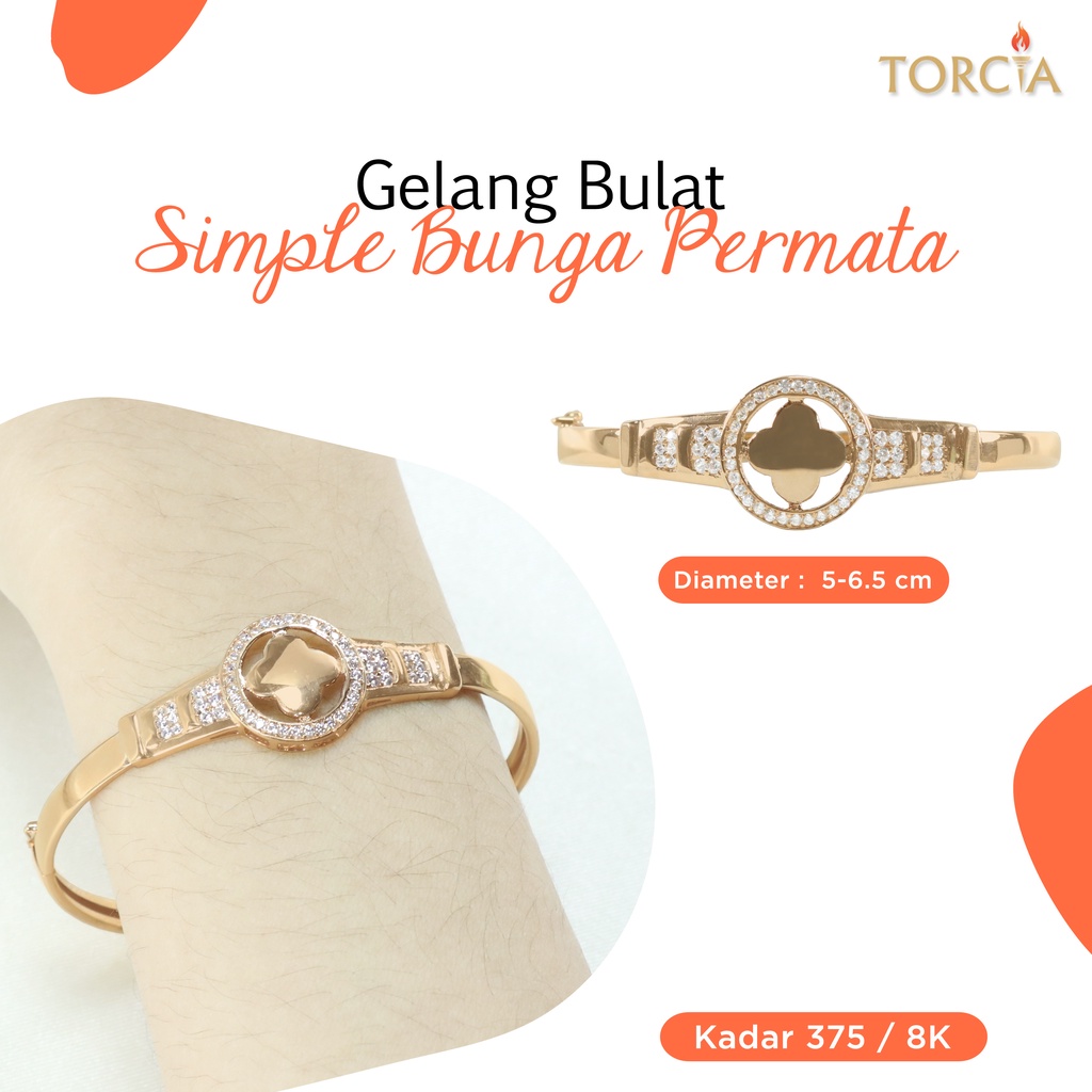 Gelang Bulat Emas Asli Simple Bunga Permata Kadar 375 Torcia