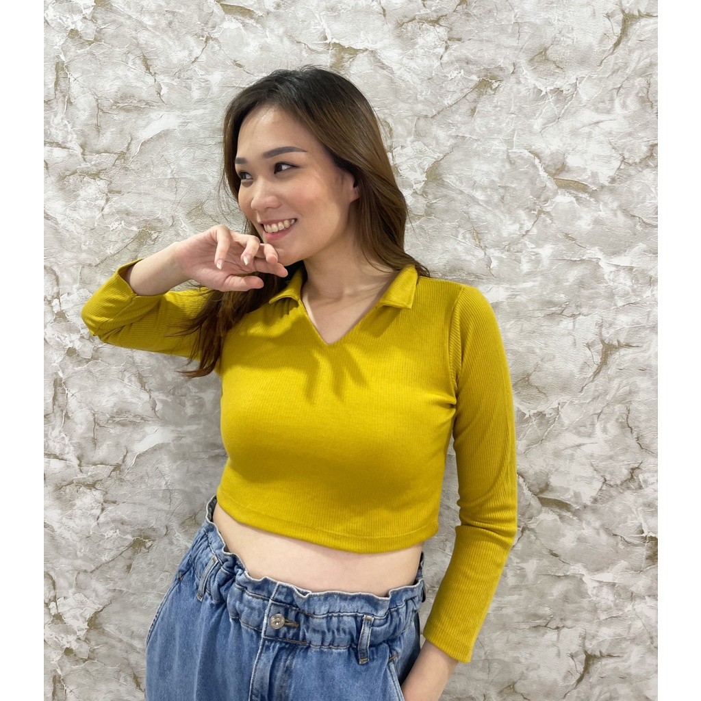 MODAVIE - TAVIA CROP TOP Longsleeve Korea Knit Polo Crop Tee Baju Atasan Wanita Basic Tee