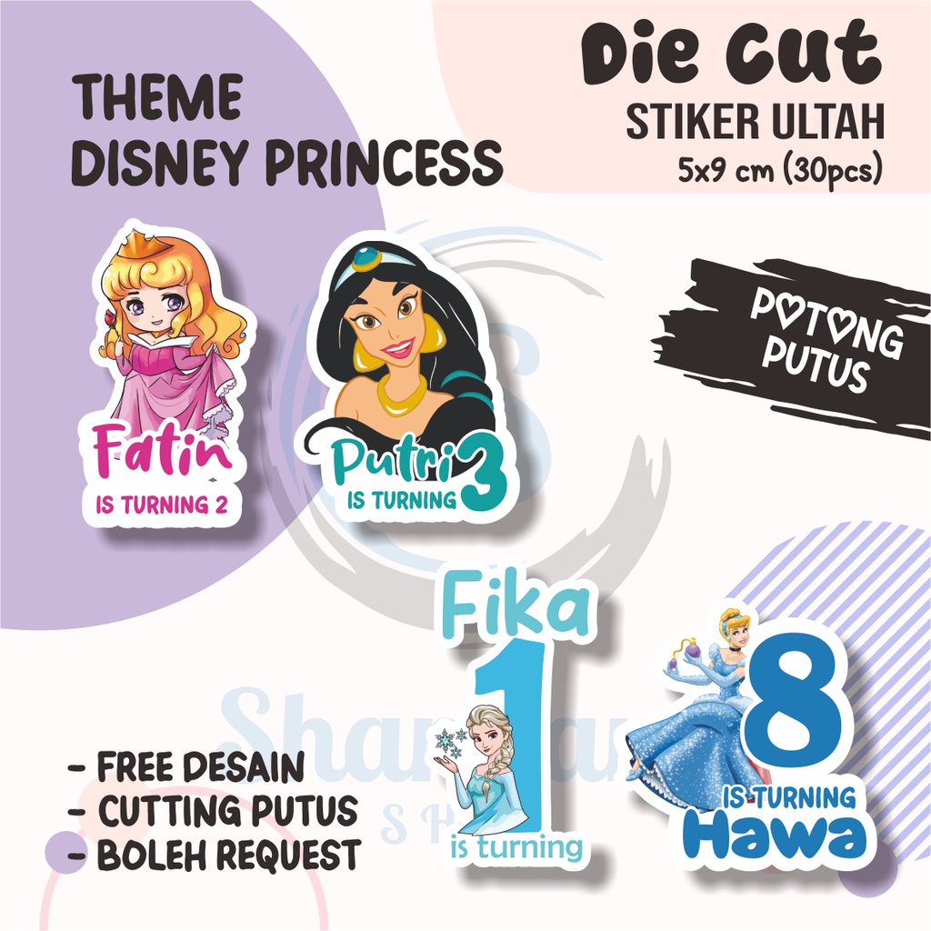 

( 30 PCS ) Stiker Ulang Tahun Anak THEME DISNEY PRINCESS / Stiker Ulang Tahun DIE CUT / Stiker Ulang Tahun Custom / Stiker Ultah Waterproff