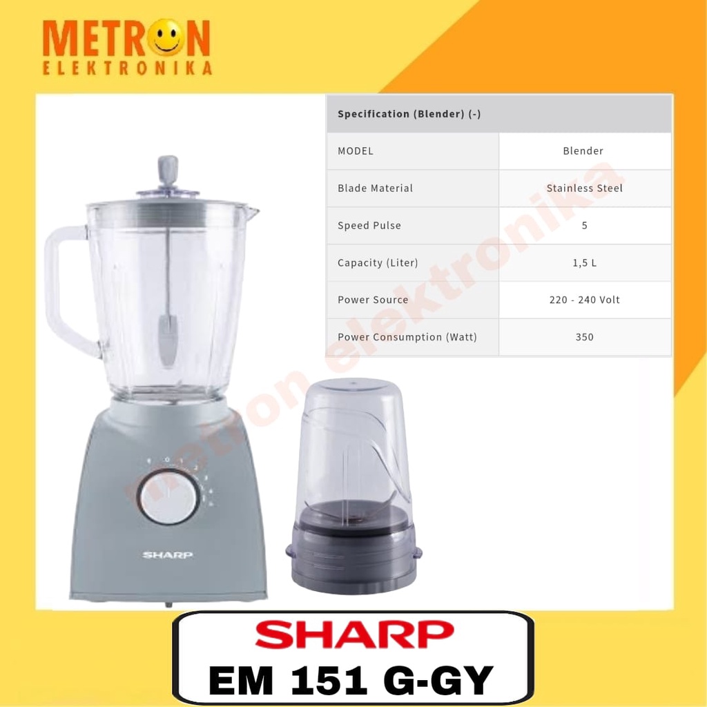 Sharp Blender with Dry Mill 1.5 Liter 350 Watt EM-151G-GY – Gray