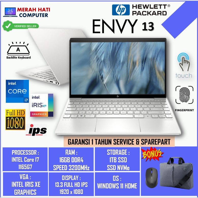 LAPTOP SLIM HP ENVY 13 INTEL I7 1165G7 16GB 1TB SSD IRIS XE 13.3FHD TOUCH IPS BL FP WIN11HOME SILVER