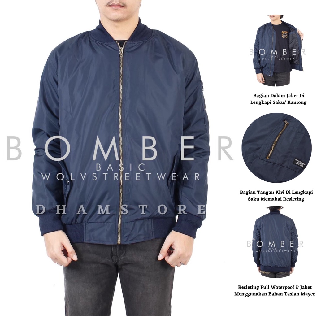 WOLV Jaket Bomber Polos Premium Jaket Parasut Jaket Outdoor Biru Navy