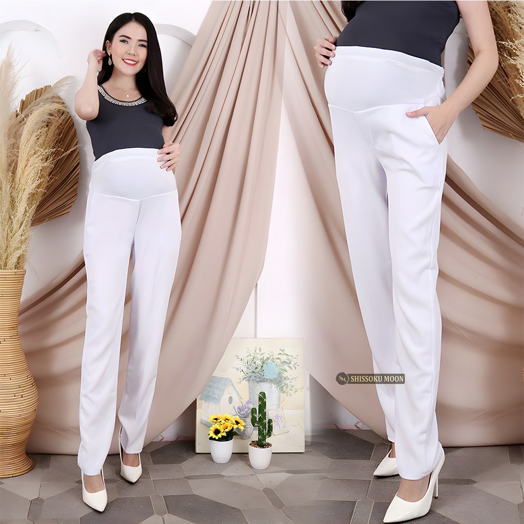 Celana Hamil Kerja Kantor Model Lurus Warna Putih Bahan Premium Tebal - Maternity Pants