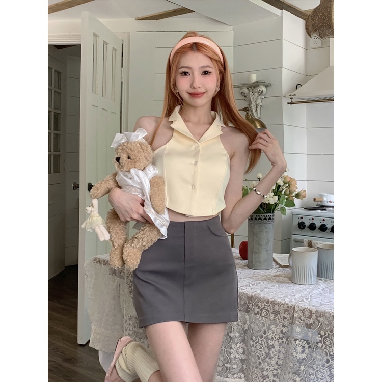 Red kumikumi sweet hot girl suit short knitted cardigan female hanging neck vest spring and summer bag hip skirt three-piece set