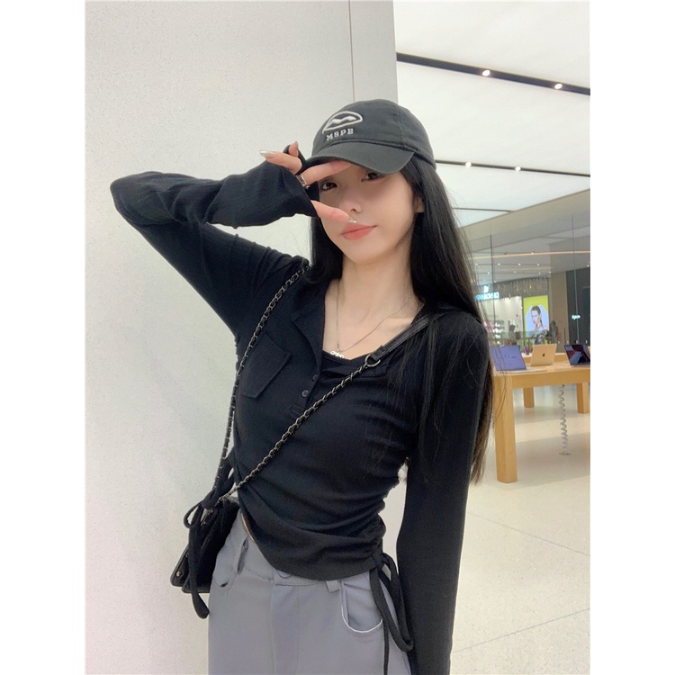 Red Keinginan murni angin lengan panjang T-shirt wanita musim semi hot gadis rasa desain ceruk ceruk slim chic bottoming shirt top