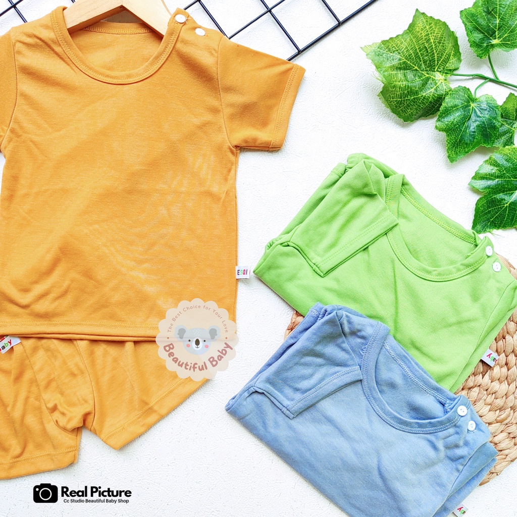 Baby.ou - Setelan Baju Bayi Lengan Pendek Celana Pendek Motif Polos / Setelan Harian Bayi / Kaos Oblong Bayi &amp; Anak Kancing Pundak