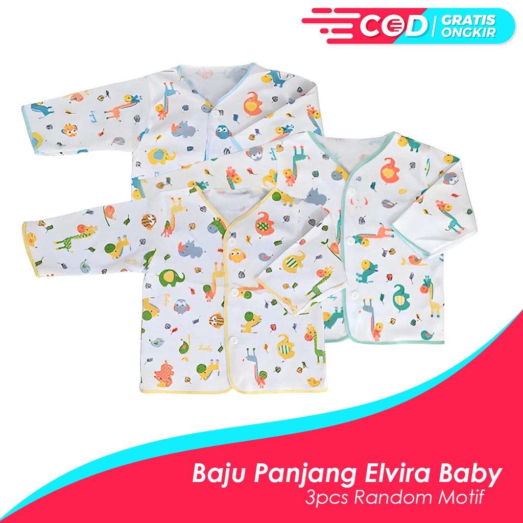 3 Pcs Baju Bayi Tangan Panjang Elvira Baby Newborn Mix Warna 0-3 Bulan