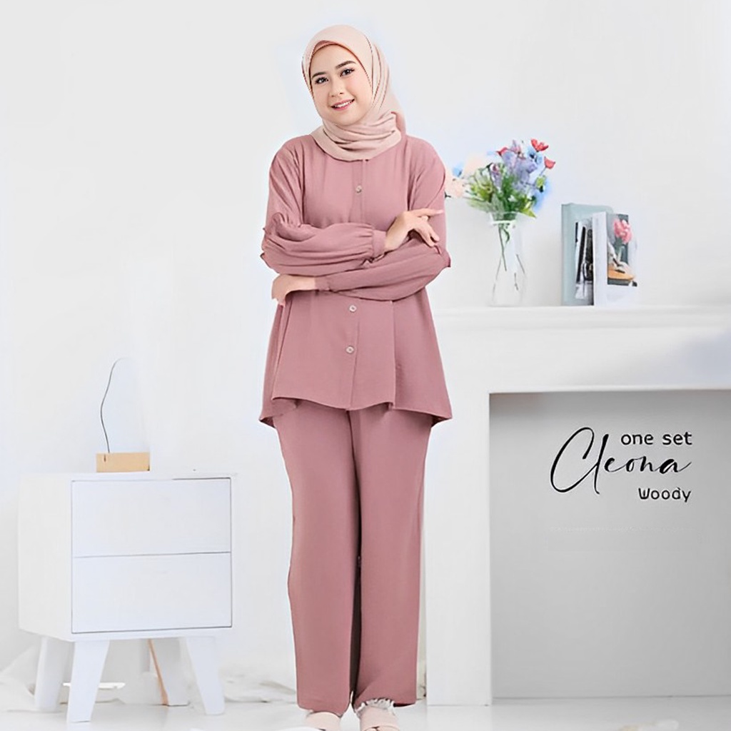 Ramdan Collection- Cleona One Set Crinkle Baju Set Wanita Kekinian Ruffle Korean Style Fashion Muslim Baju Setelan Wanita Import Jumbo