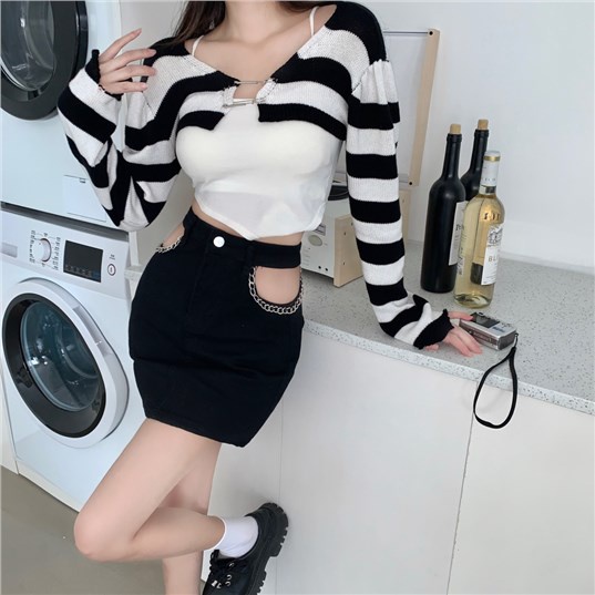 Red Sexy hot girl hollow zipper hot girl high waist hip-lifting A-line denim skirt for women