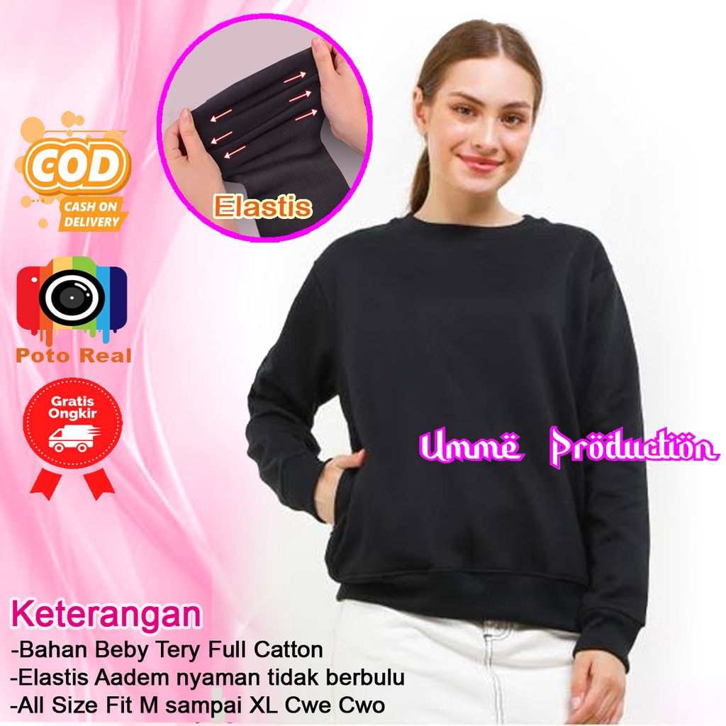 Sweater crewneck wanita dewasa hitam black basic polos distro sweter remaja switer abg sweeter panja