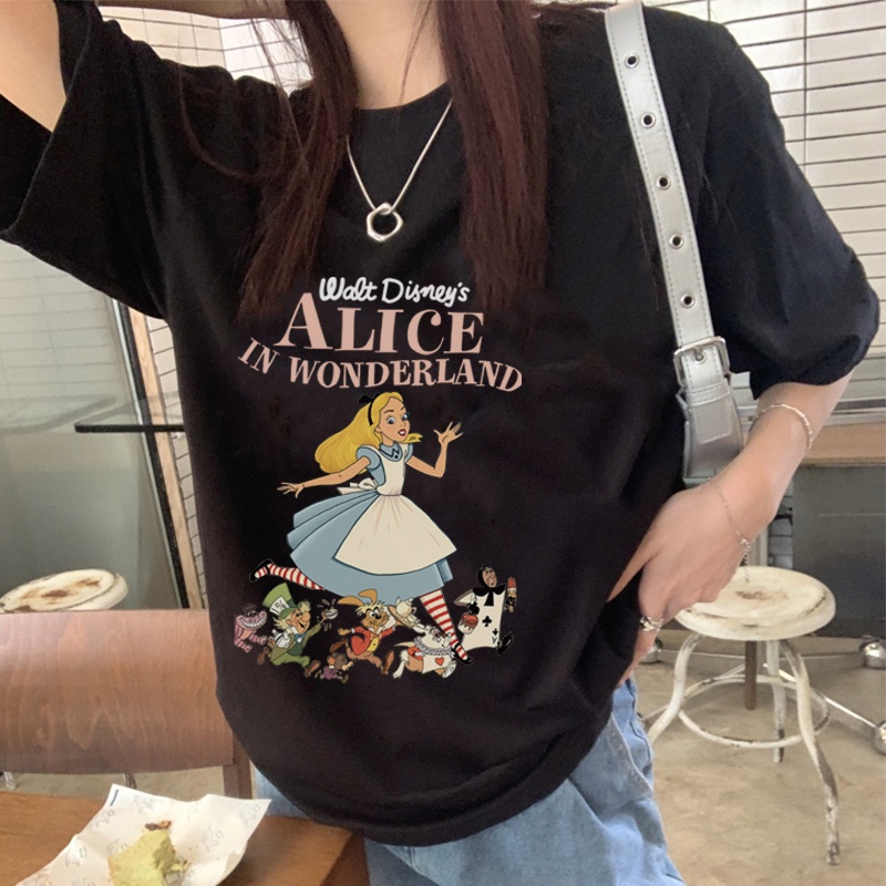 [3 warna]Print T-shirt Kaos Lengan Pendek Cartoon Alice Baju Wanita Oversize Korean Style