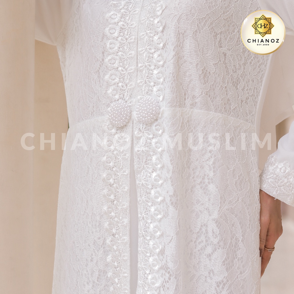 CHIANOZ Gamis Putih Mewah Nikita Dress Brukat Renda Baju Lebaran Umroh Haji Manasik Pesta Akad 317 323