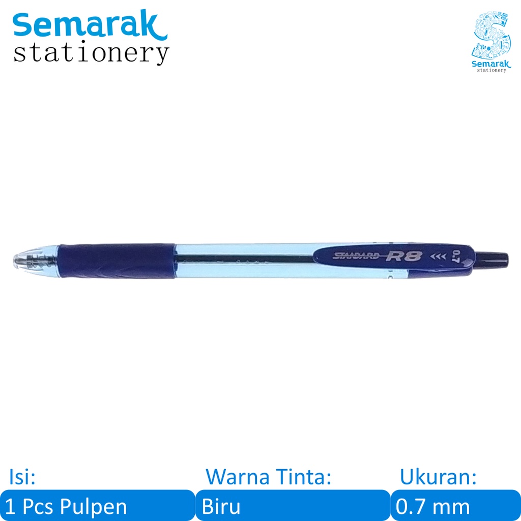 

Standard R8 Retractable Ballpoint Pen Pulpen Cetek Oil Gel Grip Karet 0.7 - Biru