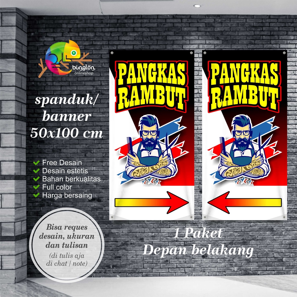 Size 50x100 Cm, Spanduk Banner Plang Pangkas Rambut Depan Belakang Model B