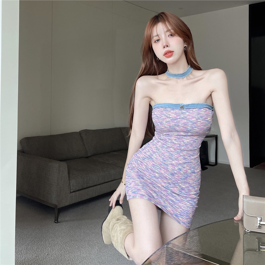 Red Gaun wanita musim panas retro hot gadis tanpa lengan tube top rok keinginan murni gaya temperamen pinggang a-line tas pinggul rok