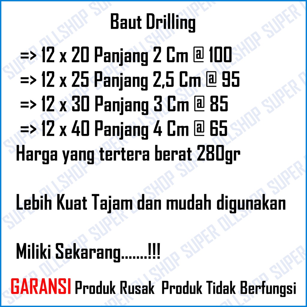 Sekrup Roofing Kuning 12X20 2 Cm / Baut Baja Ringan Drilling 12X30 3 Cm / Baut Skrup Driling 12X25 2.5 Cm 12X40 4 Cm Murah