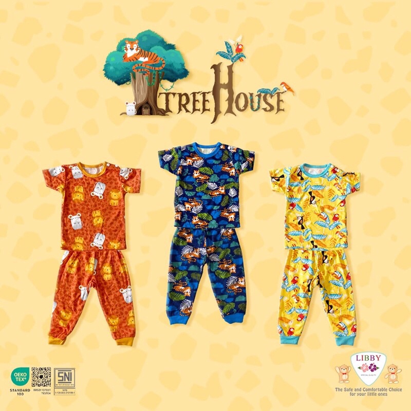 Libby Stelan Baju Oblong Pendek &amp; Celana Panjang - Tree House Series (isi 3Pcs) Baju Bayi