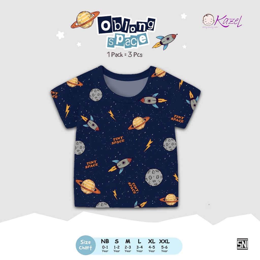 3pcs KAZEL TSHIRT OBLONG TIPIS SPACE 0-6 TAHUN KAOS OBLONG TIPIS / ATASAN SEHARI HARI ANAK LAKI-LAKI