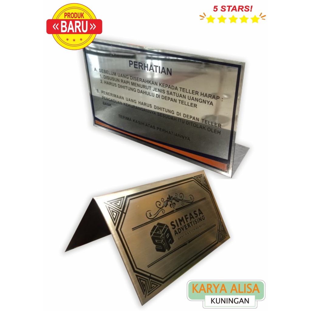 

Name Plate Panel Stainless Steel dan Kuningan Custom/Plate Stainless Dan Kuningan Custom Etching/Plat Pengumuman/Stainless Pengumuman/Plat Meja/Nama Meja Pengumuman Bentuk L (Kaki)
