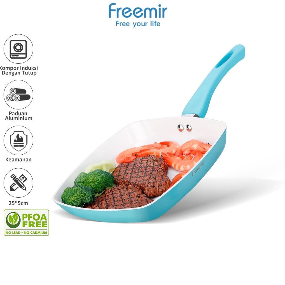 NEW STOCK freemir 24 cm Grill Pan Anti Lengket Fry Pan Non Stick Wajan Panggang Kotak Biru Putih