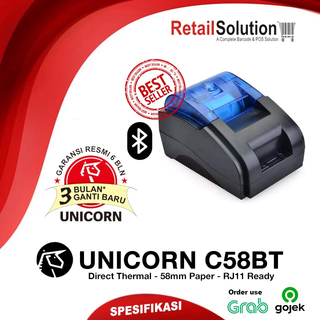 Printer Kasir Thermal 58mm USB + Bluetooth - Unicorn C58BT / C-58BT / C58-BT