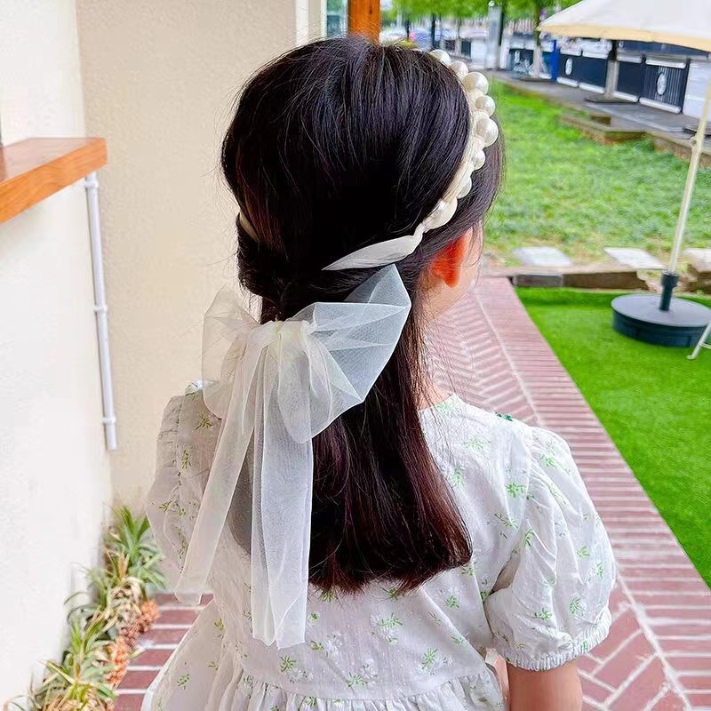 Bandana Mutiara Pita Tulle Panjang Bisa diikat Gaya Korea Bando Anak Import - Bando Mutiara Tali Kepang