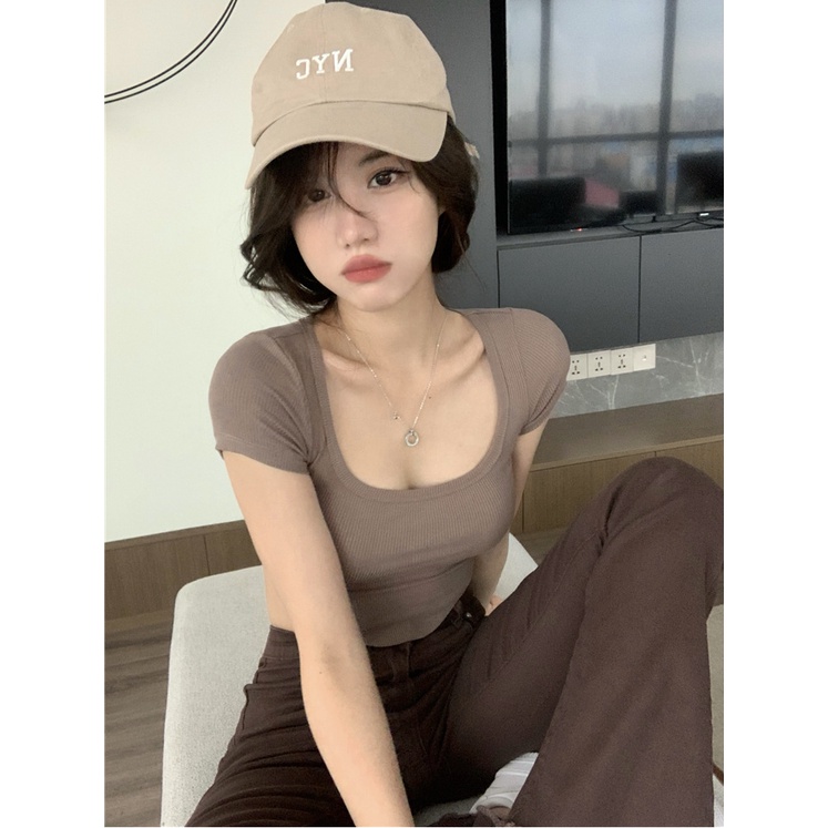 GirlWish Fashion Korean Sexy Crop Top U-Neck Kaos Atasan Sexy Crop Wanita 445