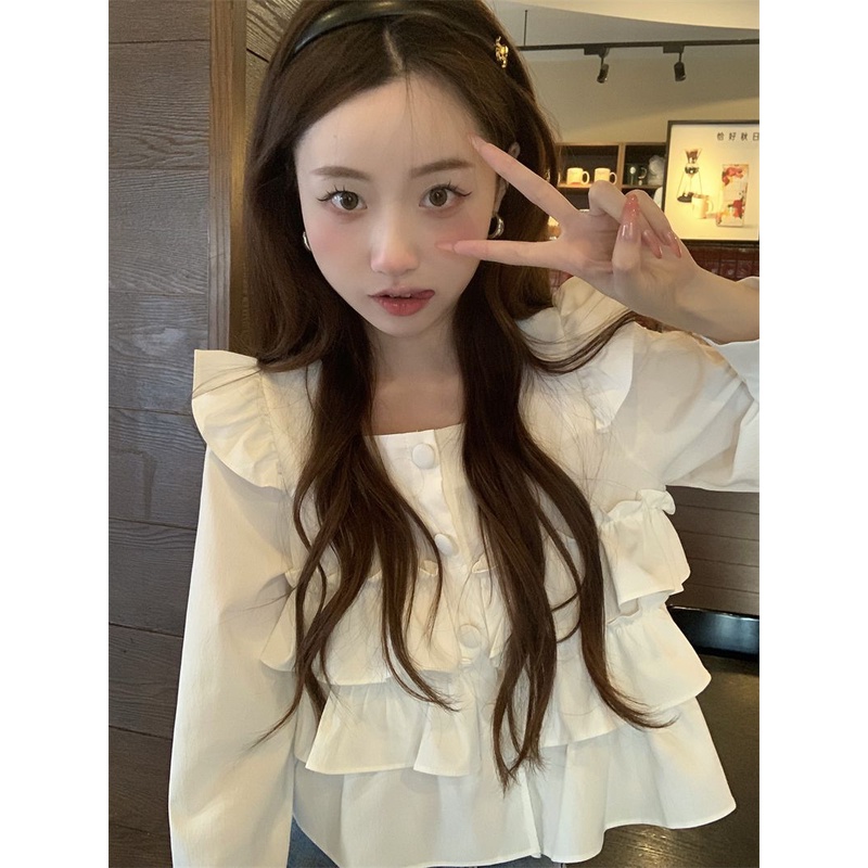 Atasan kerah persegi Prancis musim semi kemeja gaya asing baru