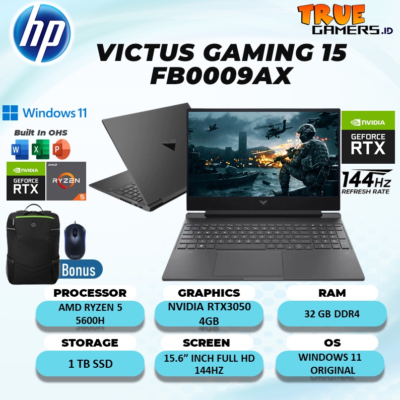 Laptop HP Victus Gaming 15 FB0009AX RTX3050 4GB RYZEN 5 5600H Ram 32GB ssd 1TB W11+OHS 15.6FHD 144HZ