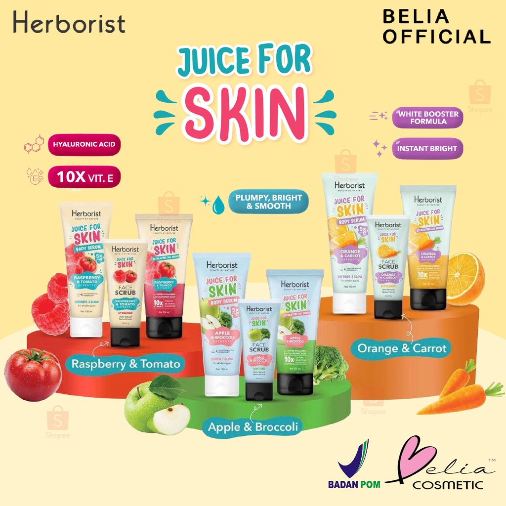 [ORI] Herborist Juice For Skin Body Serum Paket 3in1 Face Scrub + Exfoliating Gel Scrub + Body Serum I BPOM