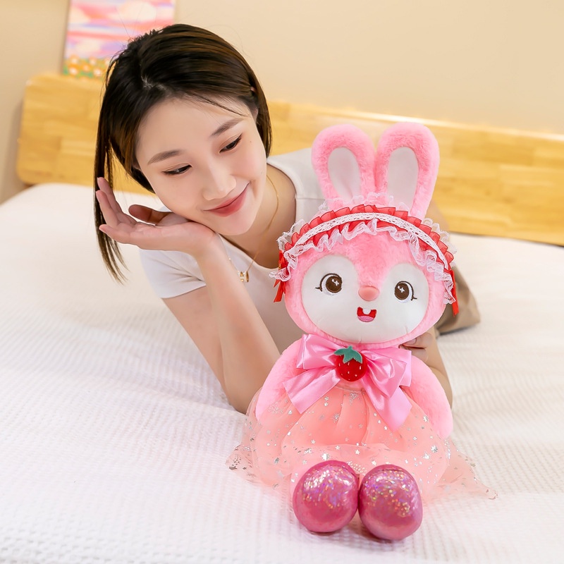 Boneka Bunny Pakai Dress Pink Strawberry Bahan Plush