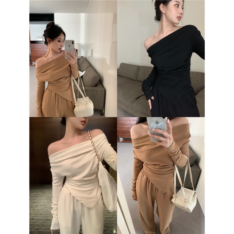 Red Hot girl one-shoulder lengan panjang pinggang tidak beraturan T-shirt top + pinggang tinggi longgar lebar kaki kasual setelan celana wanita musim semi