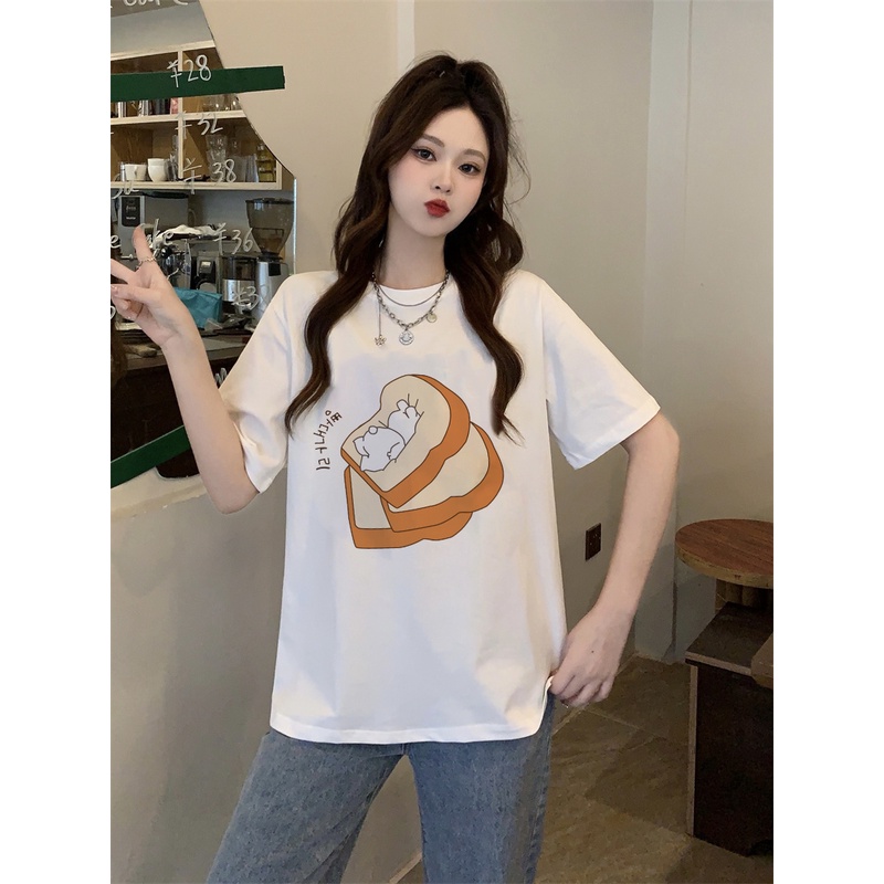 XIAOZHAINV Kaos Atasan Wanita Bunny Pressed Bread Pattern Lengan Pendek A0385